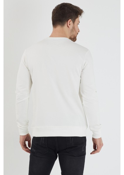 Plaın Erkek Ekru Basic Bisiklet Yaka Ince Sweatshirt