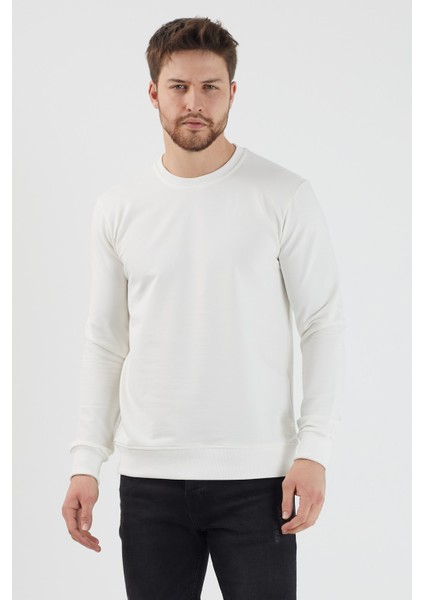 Plaın Erkek Ekru Basic Bisiklet Yaka Ince Sweatshirt