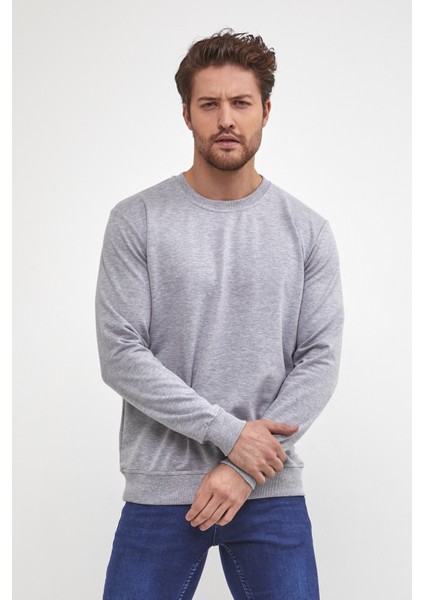 Plaın Erkek Grimelanj Basic Bisiklet Yaka Ince Sweatshirt