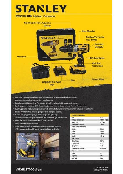 STDC18LHBK-TR 18VOLT/2,0AH Li-Ion Çift Akülü Profesyonel Darbeli Matkap