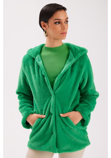 Astarlı Kapüşonlu Peluş Mont - Yeşil