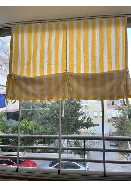 iple Çekişli Yüksekliği Ayarlanabilir Çizgili Balkon Perdesi Kalın Kumaş