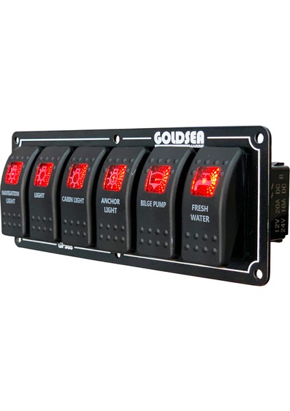 6 Anahtar Swicth Panel Slim Model Kırmızı Işık Sembollü 12-24V