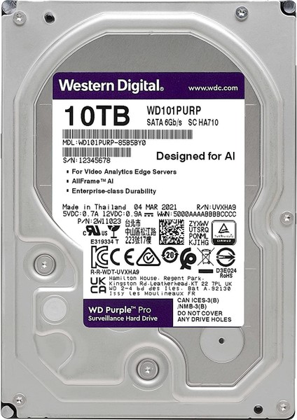 Purple Pro 10TB 7200RPM 256MB Sata3 6gbit/sn WD101PURP 7/24 HDD