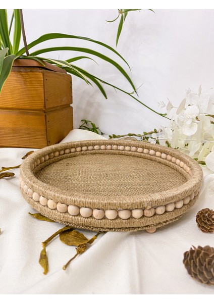 Ahşap Küçük Boncuklu 25 cm Hasır Doğal Rafya/jüt Tepsi, Dekoratif Tepsi, Banyo, Ev, Dekor Tepsi