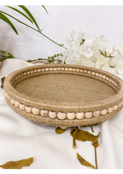 Ahşap Küçük Boncuklu 25 cm Hasır Doğal Rafya/jüt Tepsi, Dekoratif Tepsi, Banyo, Ev, Dekor Tepsi