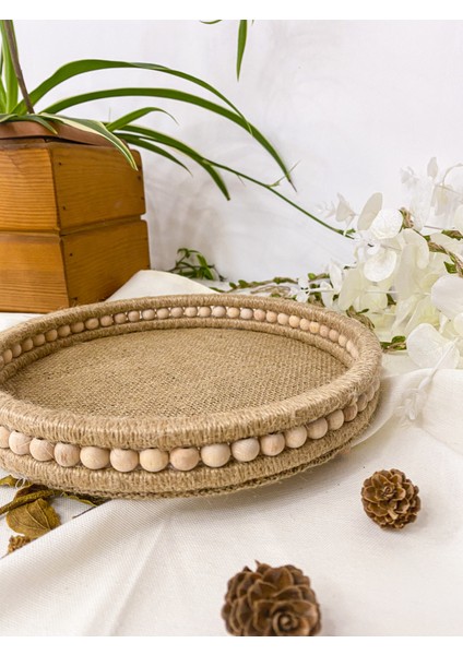 Ahşap Küçük Boncuklu 25 cm Hasır Doğal Rafya/jüt Tepsi, Dekoratif Tepsi, Banyo, Ev, Dekor Tepsi