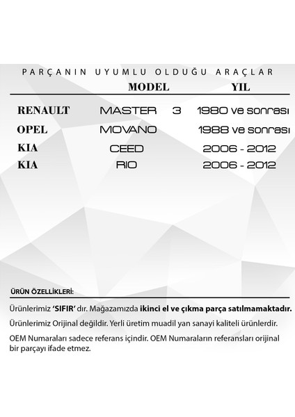 Renault Master, Opel Movano, Kia Ceed, Rio Için Cam Kriko Motoru fiyatları