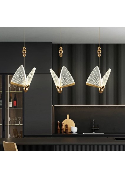 Elegance Butterfly Modern Kelebek Tasarım Üçlü Sarkıt 3 Renk LED Avize Sıralı Yemek Masası Gold Sarı