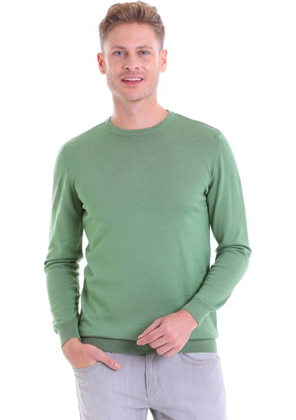 Yeşil Regular Fit Düz Yün Bisiklet Yaka Triko Kazak