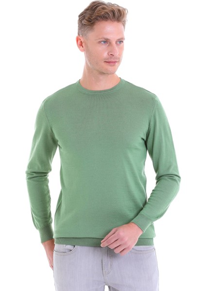 Yeşil Regular Fit Düz Yün Bisiklet Yaka Triko Kazak fiyatları