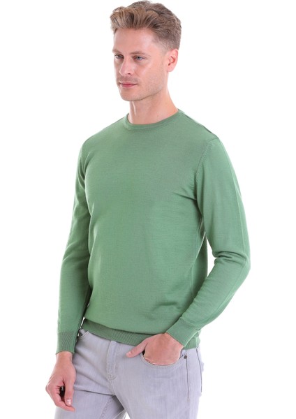 Yeşil Regular Fit Düz Yün Bisiklet Yaka Triko Kazak modelleri