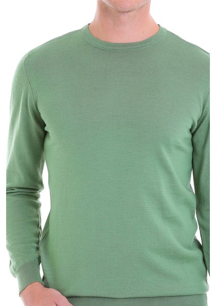 Yeşil Regular Fit Düz Yün Bisiklet Yaka Triko Kazak indirimleri