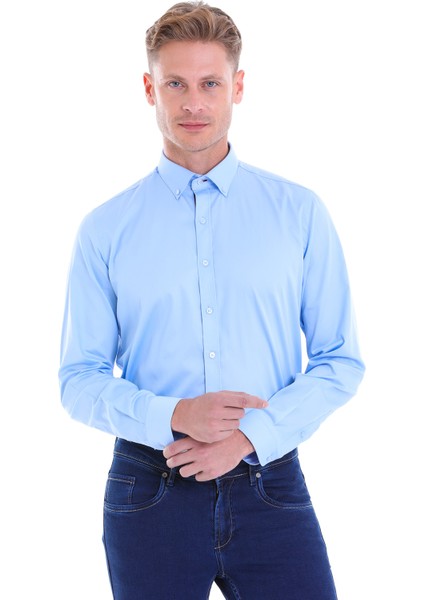 Mavi 100% Pamuk Comfort Fit Düz Uzun Kollu Gömlek