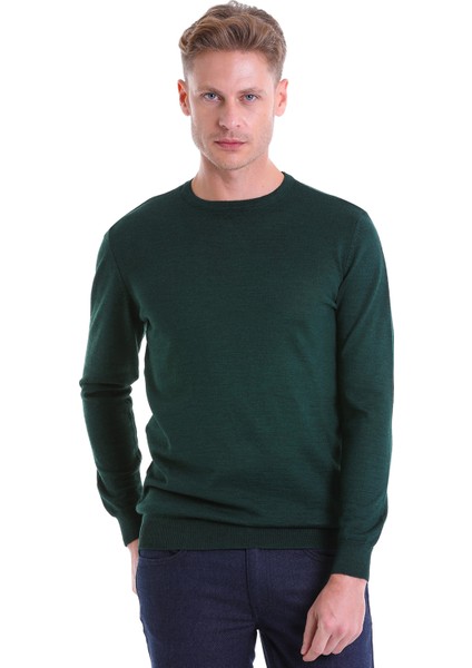 Koyu Yeşil Regular Fit Düz Yün Bisiklet Yaka Triko Kazak