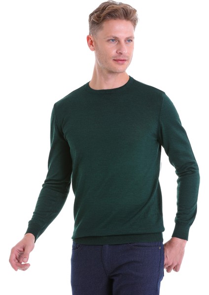 Koyu Yeşil Regular Fit Düz Yün Bisiklet Yaka Triko Kazak fiyatları