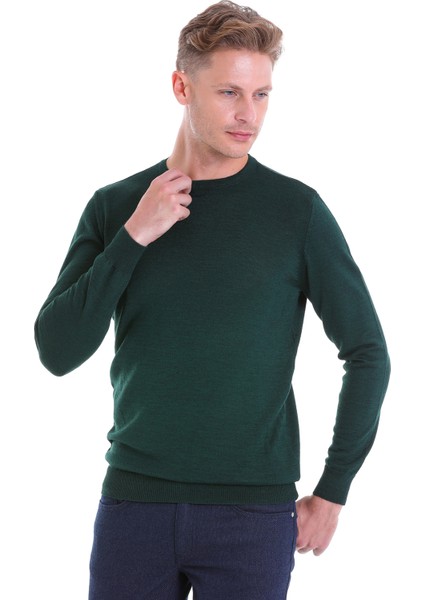 Koyu Yeşil Regular Fit Düz Yün Bisiklet Yaka Triko Kazak modelleri