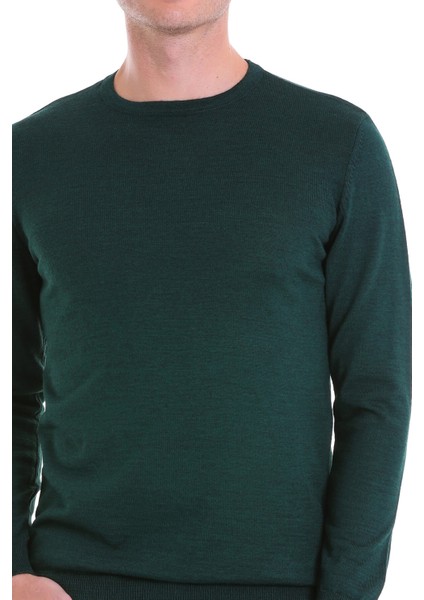 Koyu Yeşil Regular Fit Düz Yün Bisiklet Yaka Triko Kazak indirimleri