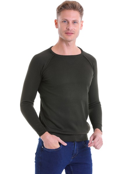 Haki Regular Fit Desenli V Yaka Yün Triko Kazak