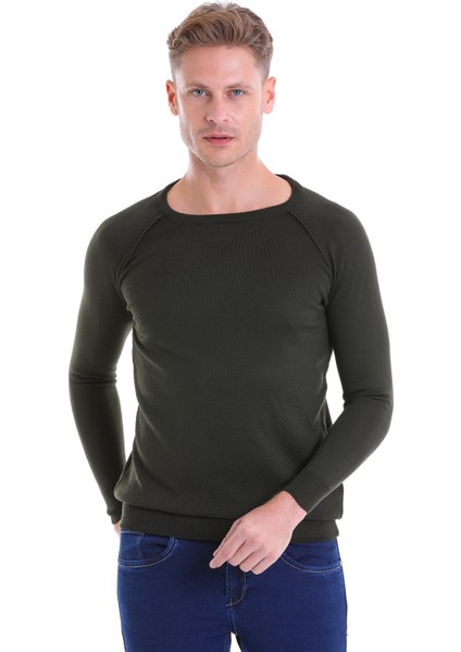 Haki Regular Fit Desenli V Yaka Yün Triko Kazak