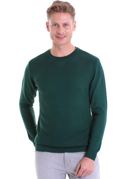 Koyu Yeşil Regular Fit Çizgili Yün Bisiklet Yaka Triko Kazak