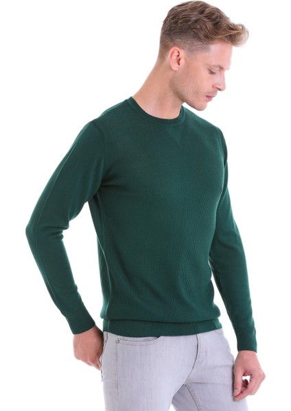 Koyu Yeşil Regular Fit Çizgili Yün Bisiklet Yaka Triko Kazak modelleri