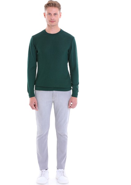 Koyu Yeşil Regular Fit Çizgili Yün Bisiklet Yaka Triko Kazak fırsatları