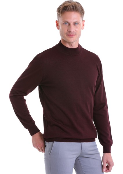 Bordo Regular Fit Düz Yün Yarım Balıkçı Yaka Triko Kazak