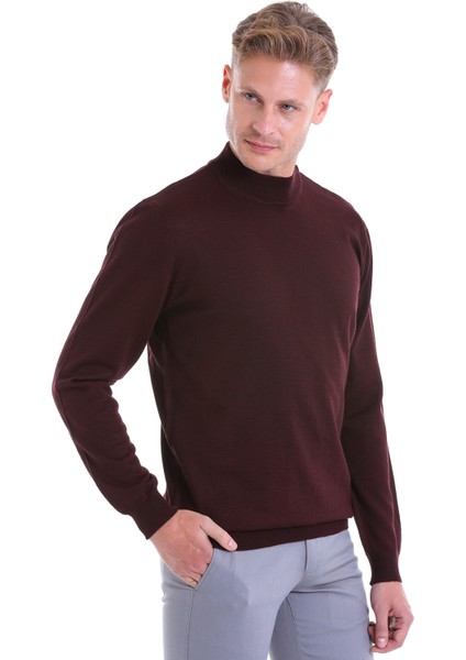 Bordo Regular Fit Düz Yün Yarım Balıkçı Yaka Triko Kazak