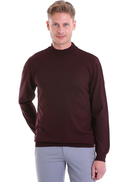 Bordo Regular Fit Düz Yün Yarım Balıkçı Yaka Triko Kazak