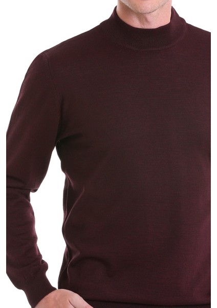 Bordo Regular Fit Düz Yün Yarım Balıkçı Yaka Triko Kazak
