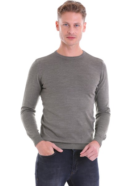 Gri Regular Fit Düz Yün Bisiklet Yaka Triko Kazak