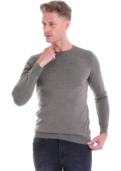 Gri Regular Fit Düz Yün Bisiklet Yaka Triko Kazak fiyatları