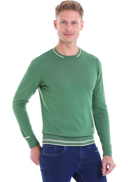 Yeşil Regular Fit Çizgili Yün Bisiklet Yaka Triko Kazak