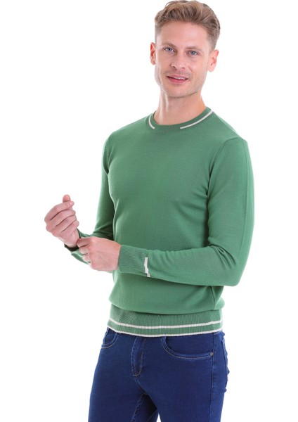 Yeşil Regular Fit Çizgili Yün Bisiklet Yaka Triko Kazak fiyatları