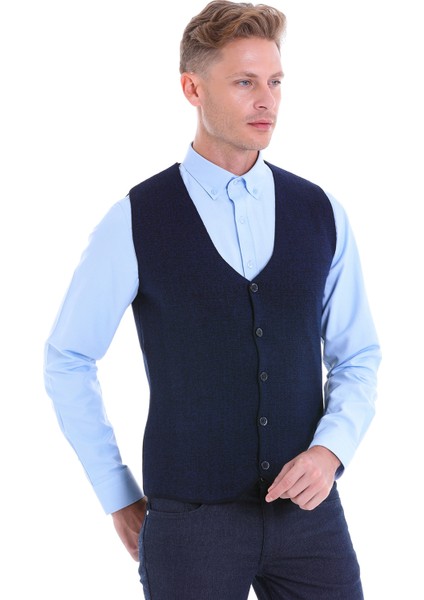 Lacivert Regular Fit Desenli Yün V Yaka Triko Yelek