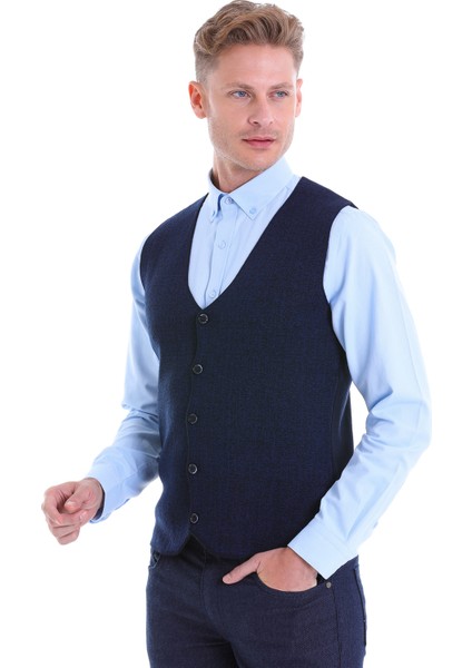 Lacivert Regular Fit Desenli Yün V Yaka Triko Yelek modelleri