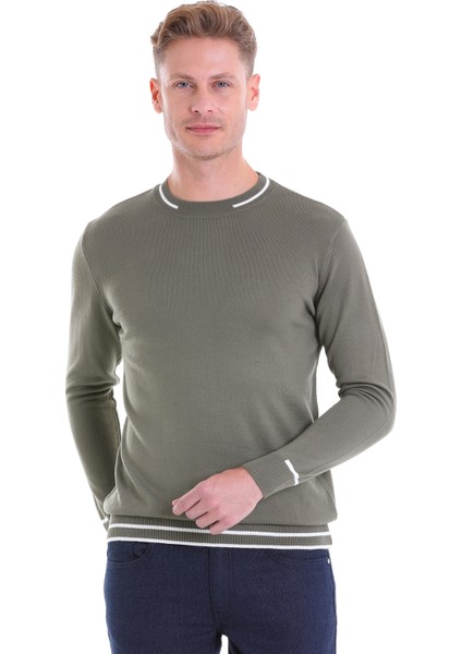 Haki Regular Fit Çizgili Yün Bisiklet Yaka Triko Kazak