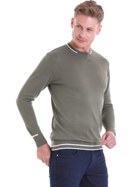 Haki Regular Fit Çizgili Yün Bisiklet Yaka Triko Kazak fiyatları