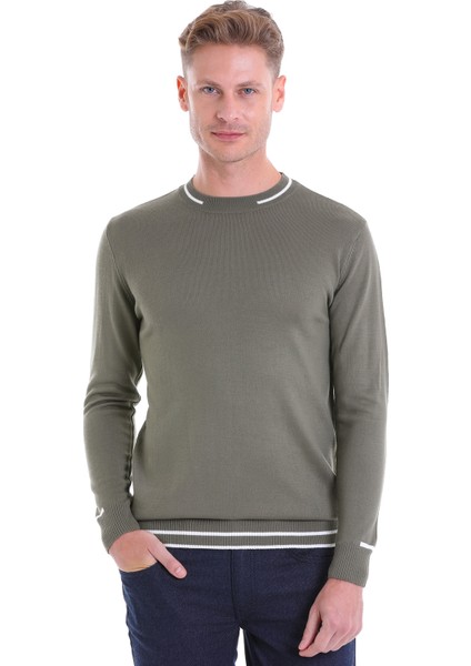 Haki Regular Fit Çizgili Yün Bisiklet Yaka Triko Kazak modelleri