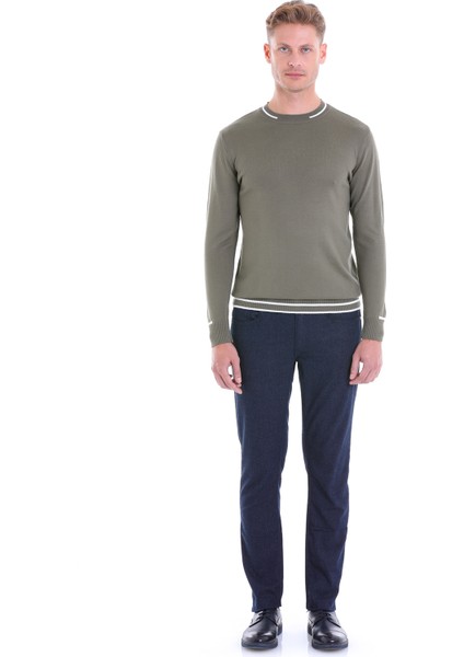 Haki Regular Fit Çizgili Yün Bisiklet Yaka Triko Kazak fırsatları