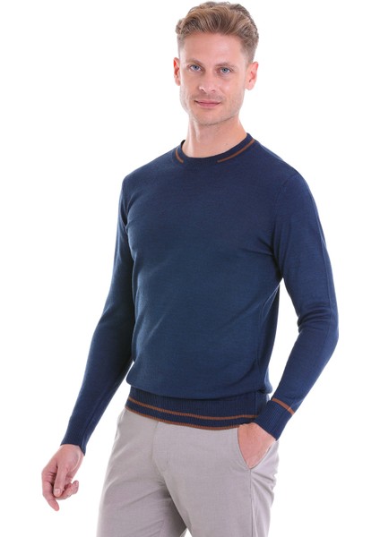 Indigo Regular Fit Çizgili Yün Bisiklet Yaka Triko Kazak