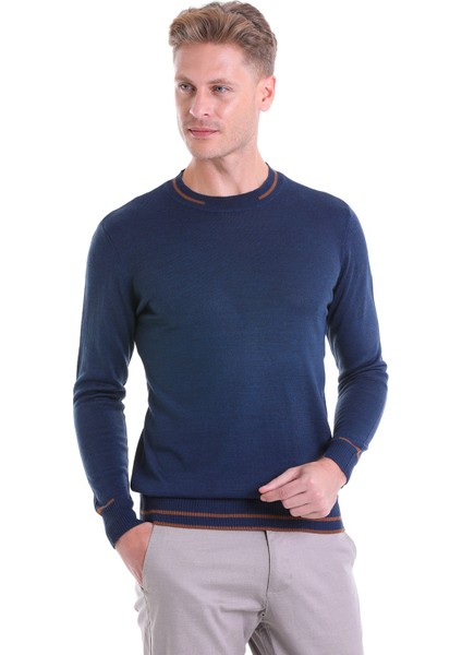 Indigo Regular Fit Çizgili Yün Bisiklet Yaka Triko Kazak fiyatları