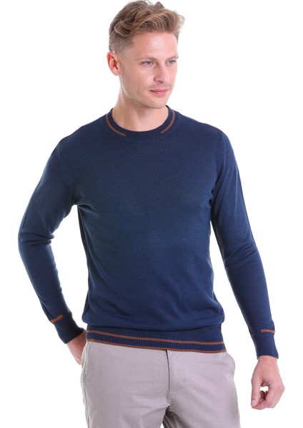 Indigo Regular Fit Çizgili Yün Bisiklet Yaka Triko Kazak modelleri