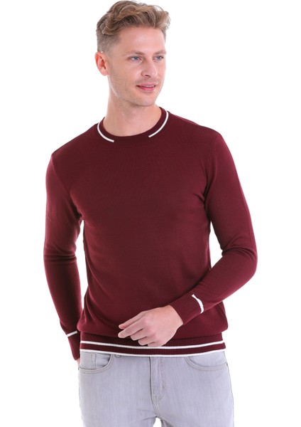 Bordo Regular Fit Çizgili Yün Bisiklet Yaka Triko Kazak fiyatları