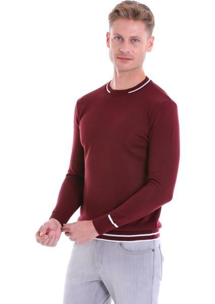 Bordo Regular Fit Çizgili Yün Bisiklet Yaka Triko Kazak modelleri