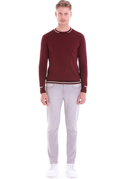 Bordo Regular Fit Çizgili Yün Bisiklet Yaka Triko Kazak fırsatları