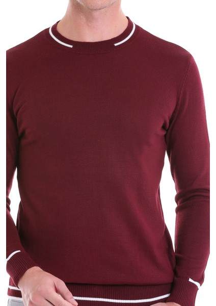 Bordo Regular Fit Çizgili Yün Bisiklet Yaka Triko Kazak indirimleri