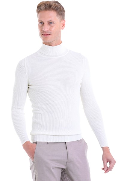 Ekru Regular Fit Düz Balıkçı Yaka Klasik Yün Triko Kazak fiyatları