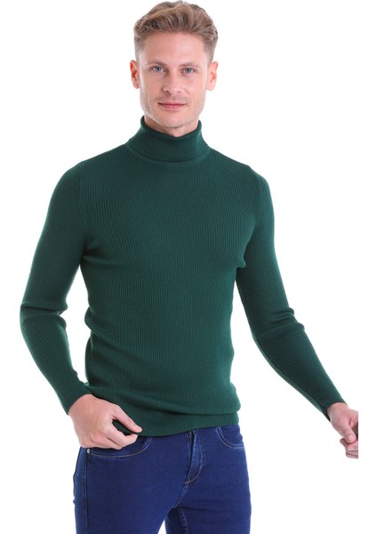 Yeşil Regular Fit Düz Balıkçı Yaka Klasik Yün Triko Kazak